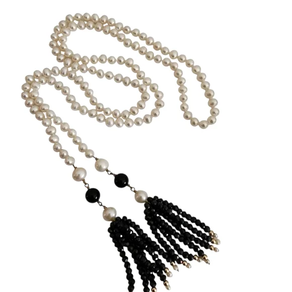 Lariat pearl necklace petite pearls high luster 18k GP hand knottedA0123 -1Q
